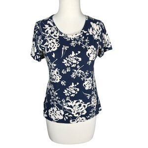 Ann Taylor Navy Blue Floral Pattern Short Sleeve Classic Tee XS